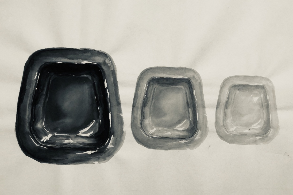 一只浓墨模子，旁边两只越来越淡的复印